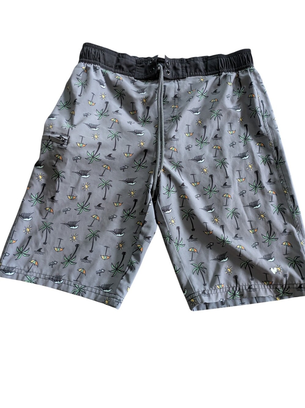 Gray Palm & Beach Print Boys Swim Board Shorts with Black Waistband